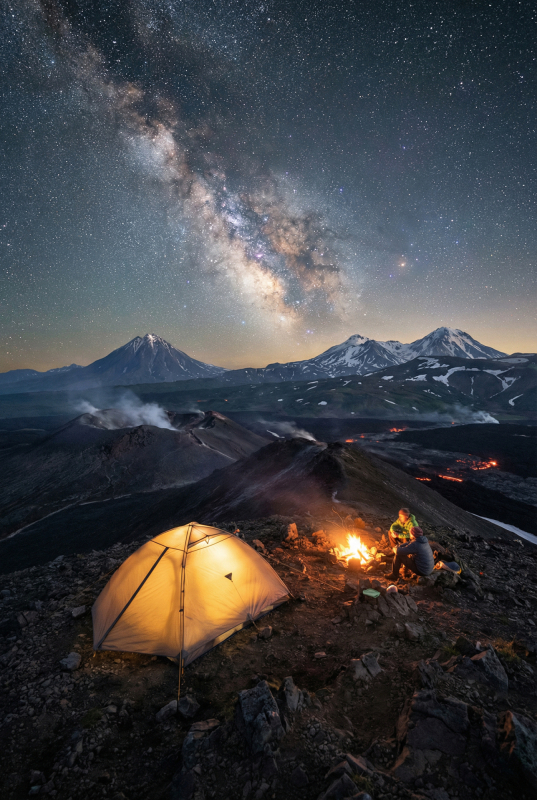 Ночёвки в палаточном лагере у подножия вулкана